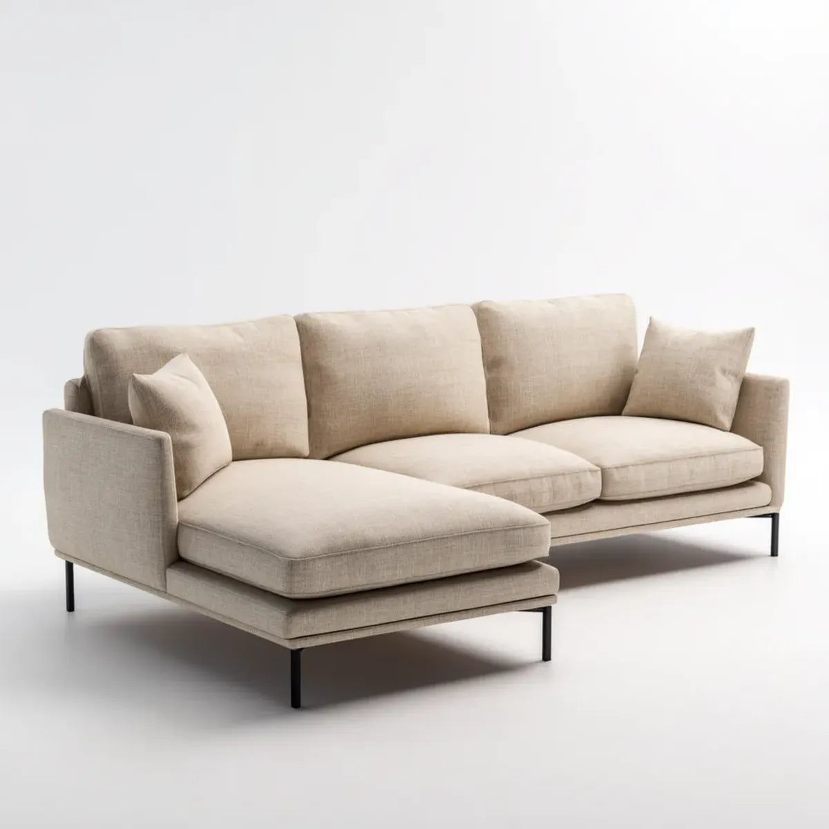 Sofa, Kanapa narożna z tapicerką poliestrową szezlongiem beige 280 x 165 x 82 cm